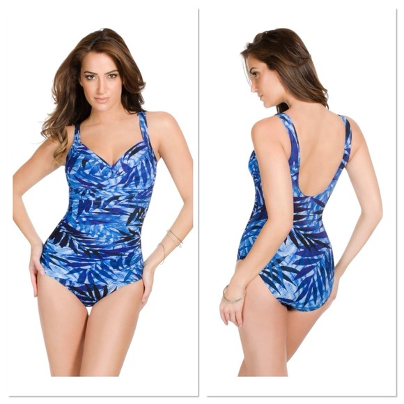 MIRACLESUIT DENIMITE BELLA UNDERWIRE ONE PIECE SWIMSUIT BLUE FLORAL SIZE 10DD - Picture 1 of 11
